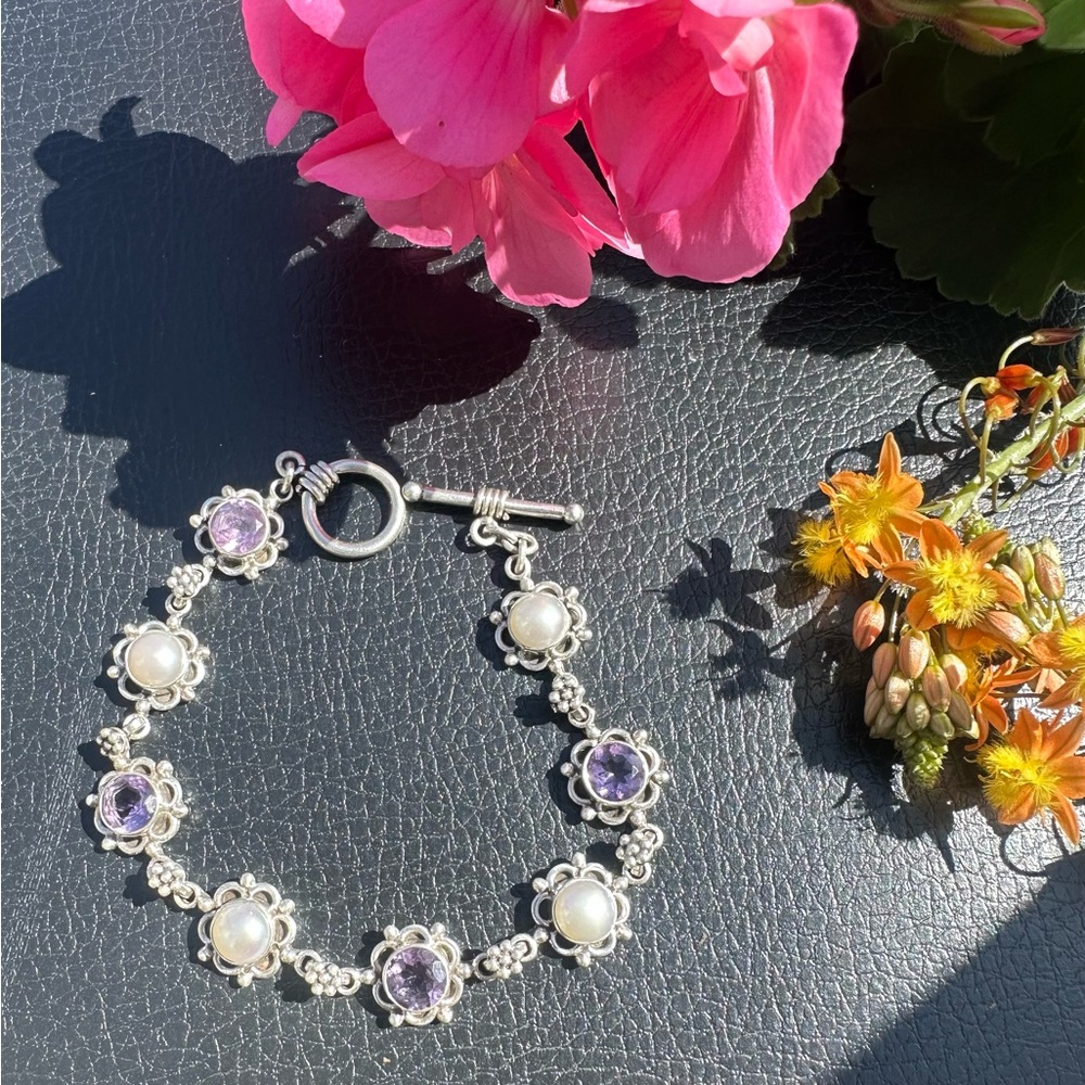 Vintage Sterling Silver 925 genuine   Pearl & Amethyst Bracelet - 7 1/2 inc
